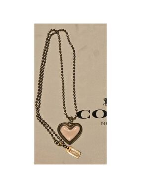Coach Pink Glass Heart Ball Chain Necklace Gold Plated Metal Y2K
